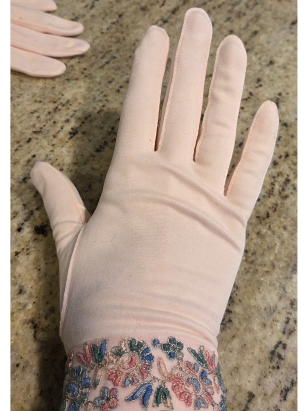 Vintage Size M/L Pink Nylon Formal Gloves Colorful Floral Wrist